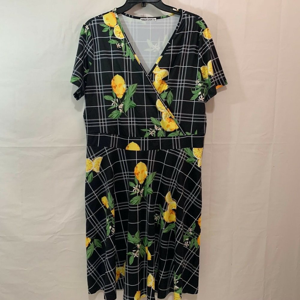 MSBASIC Women NIB Deep Neck Short Sleeve Cross Wrap Flared Midi Dress Lemon XXL